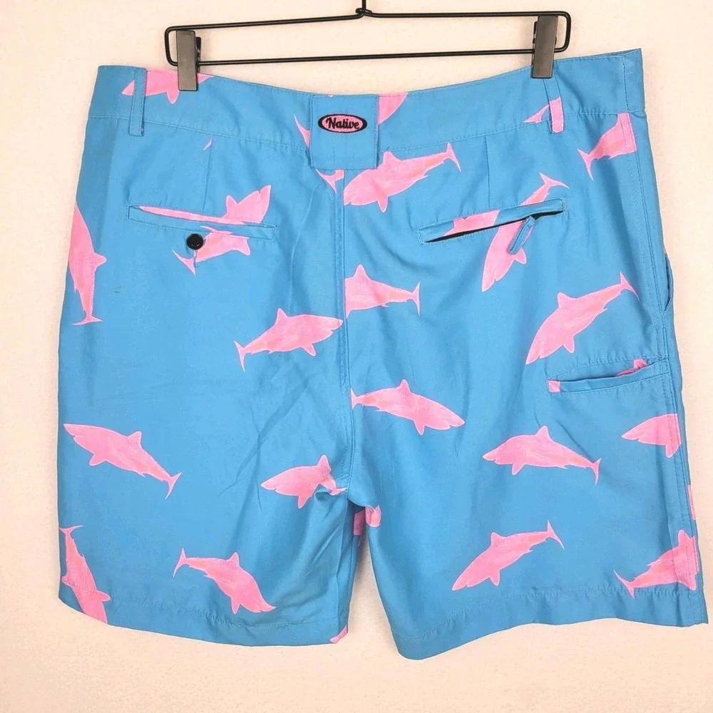 Native Blue Pink Shark Print Swim Trunks Mens M Board Shorts Zip Pocket Vacation